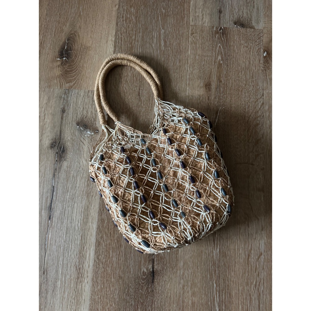 J.Crew NWT Sedona Natural Tan Beaded Macrame Straw Tote Bag